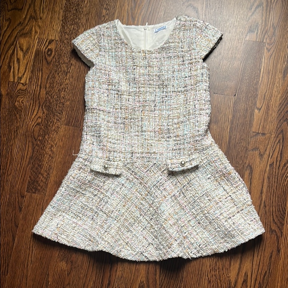 Mayoral Girls' Ivory Tweed Party Dress with Pearl Detail